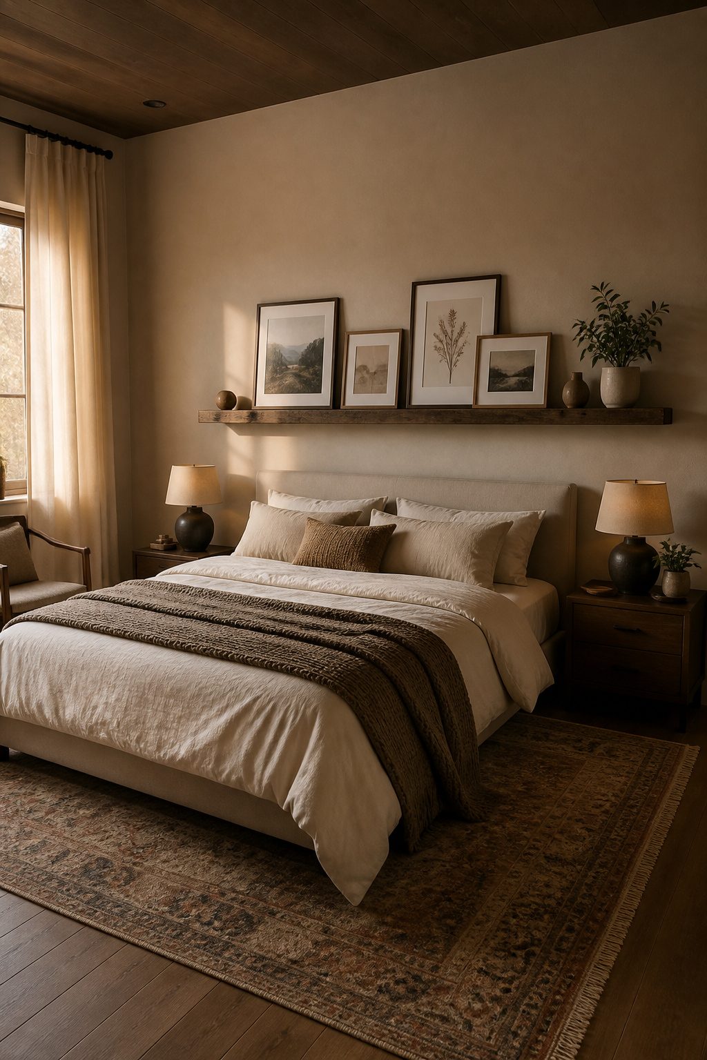 Shallow ledges above a bed holding framed prints and decor.