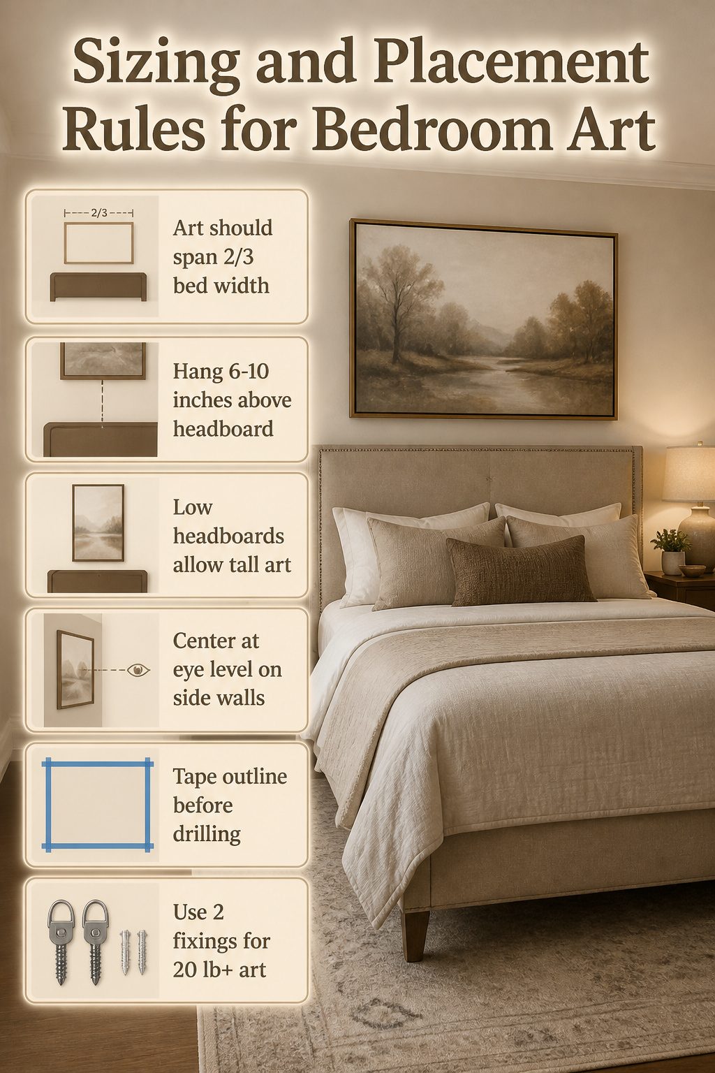 An infographic detailing sizing and placement rules for bedroom art.