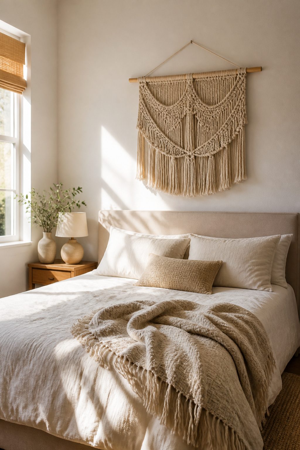A textured woven wall hanging displayed above a bed.