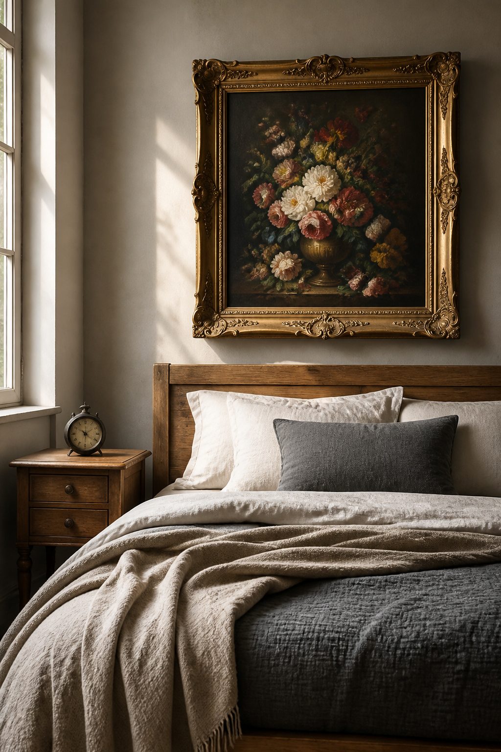 A vintage oil painting framed in an antique frame above a bed.