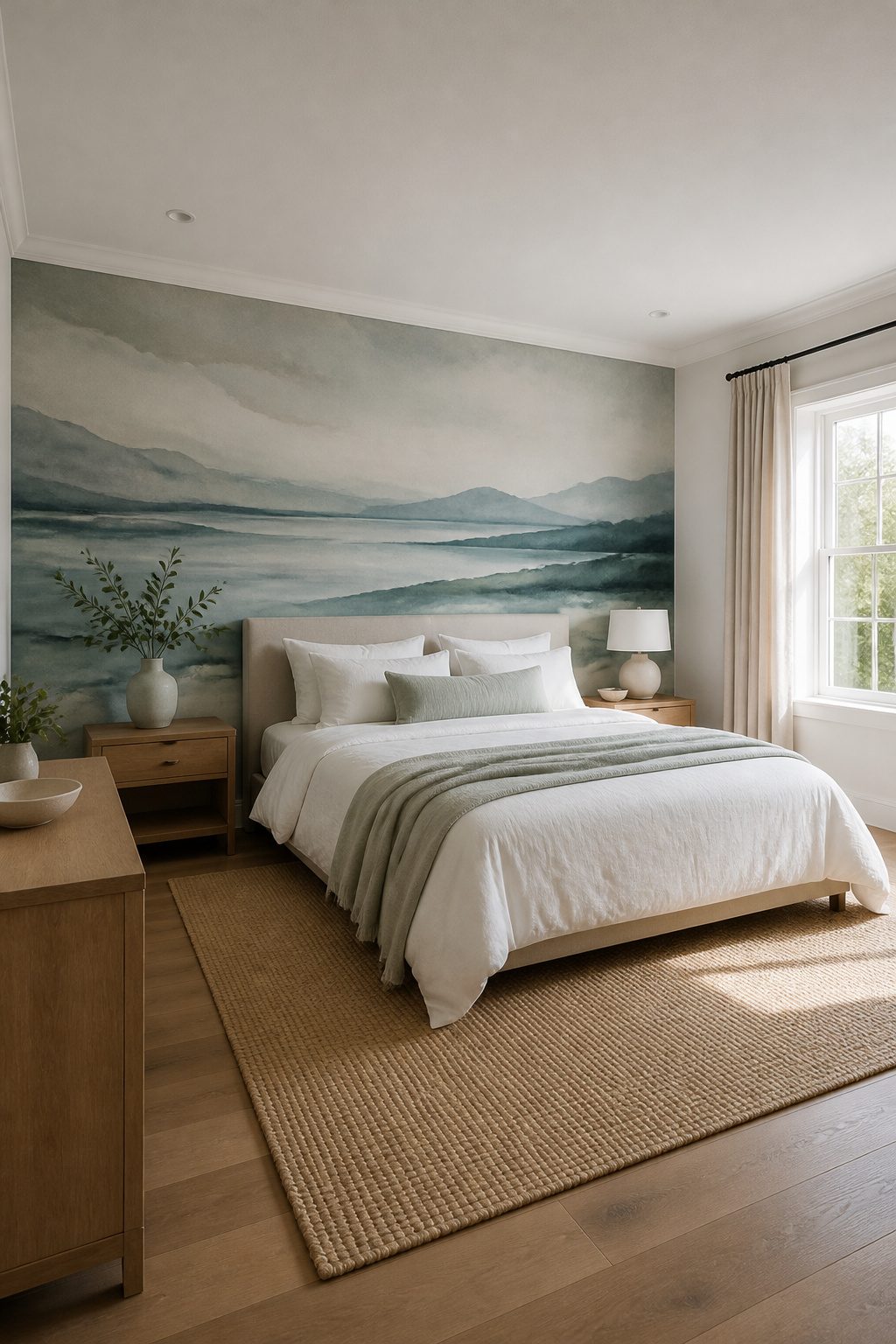 An accent wall covered in peel-and-stick wallpaper behind a bed.