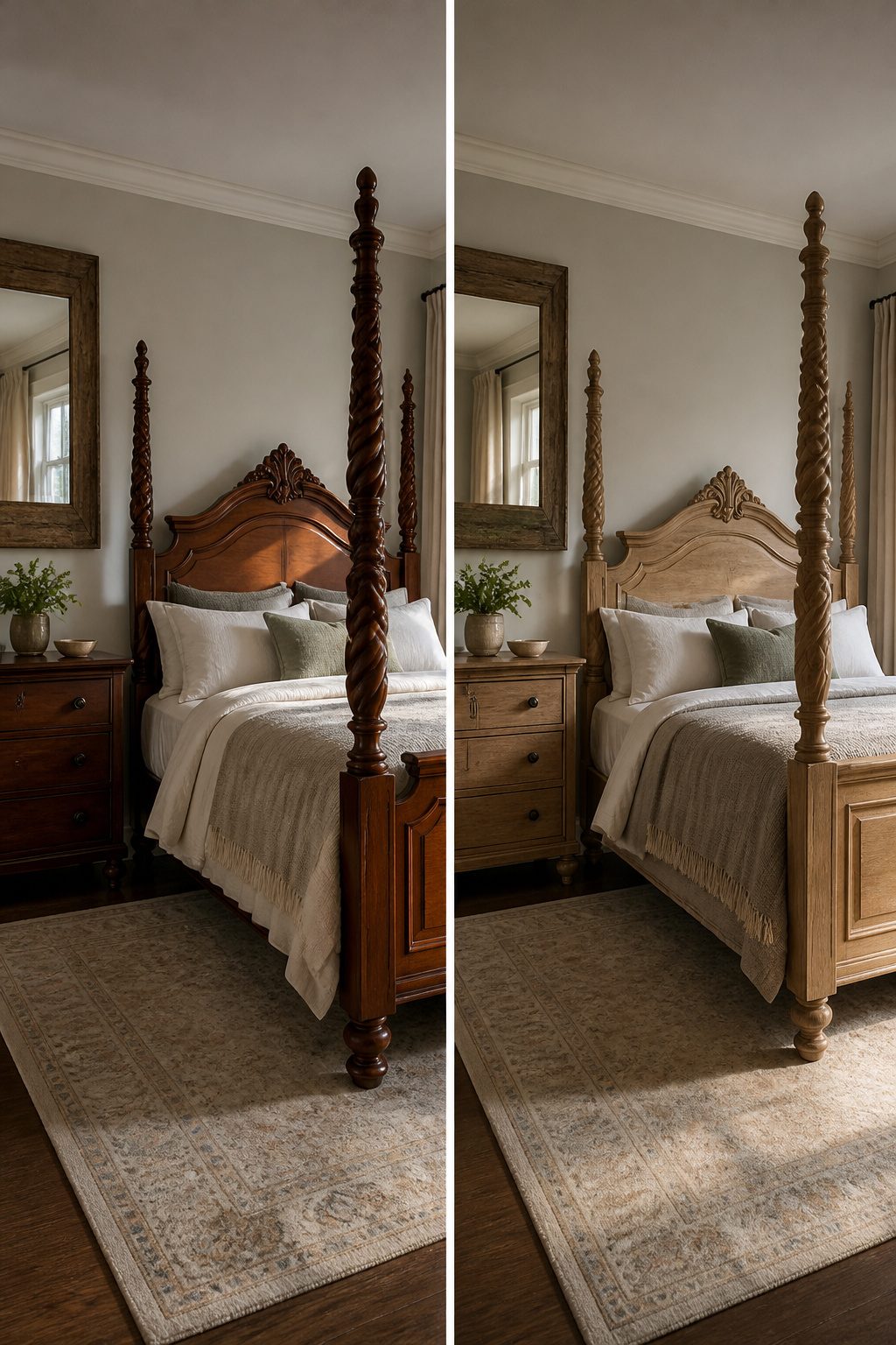 A bedroom with mismatched wooden bed and furniture styles.