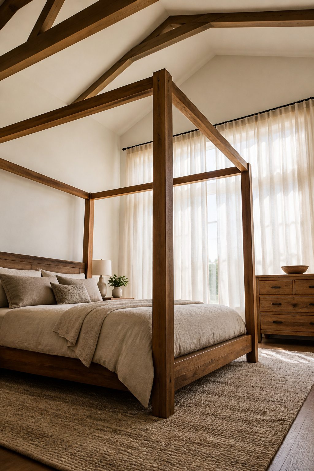A tall wooden canopy bed with vertical posts in a bright bedroom.
