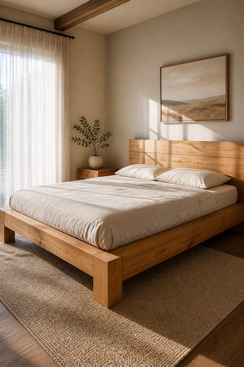 A solid pine platform bed with slats supporting a plush mattress.