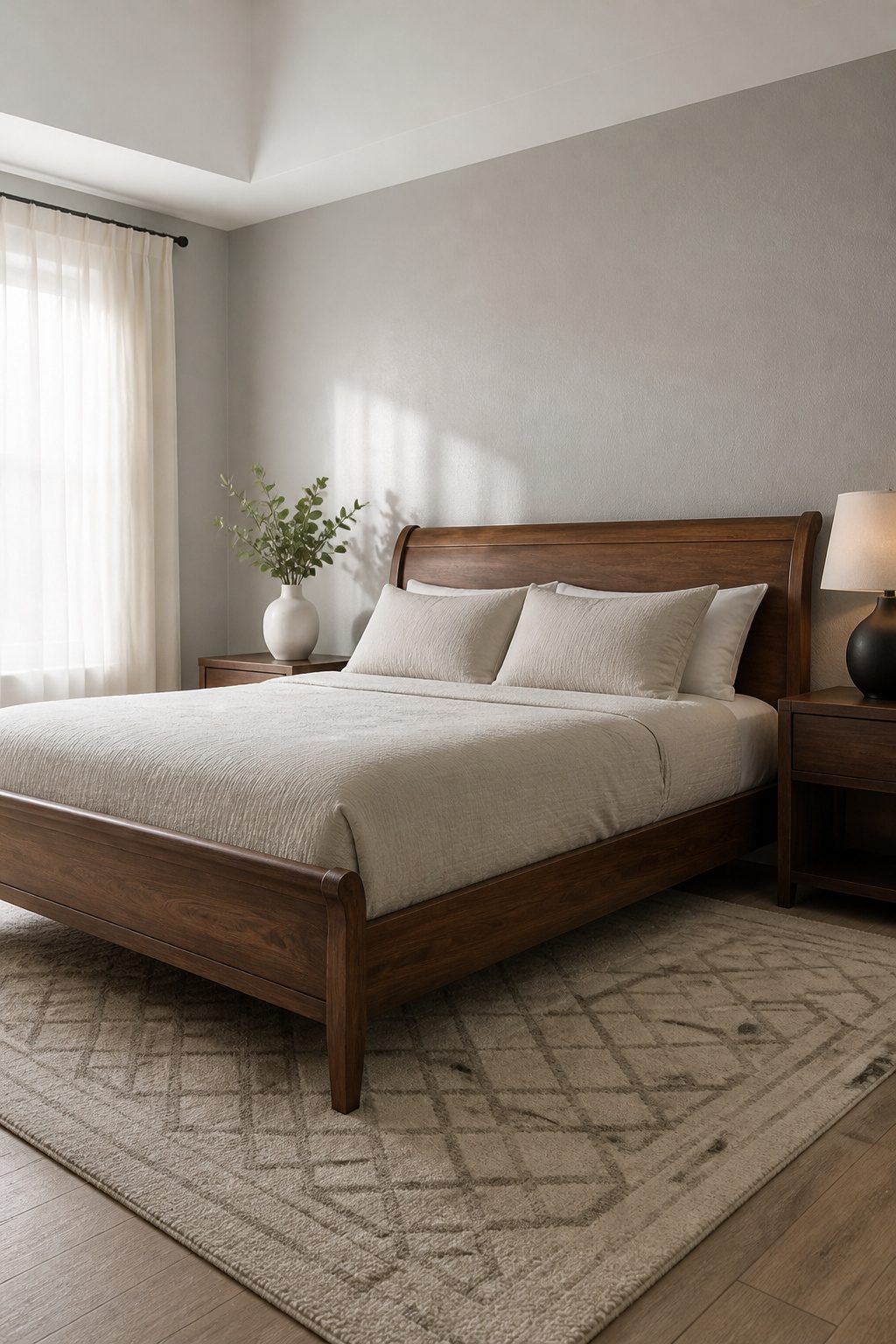 A contemporary wooden sleigh bed with sleek lines and refined wood grain.
