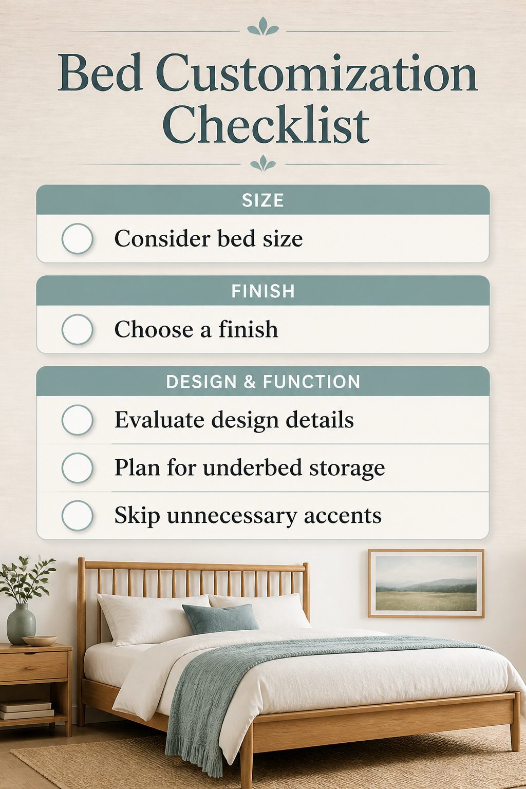 A checklist for bed customization options including size and finish.