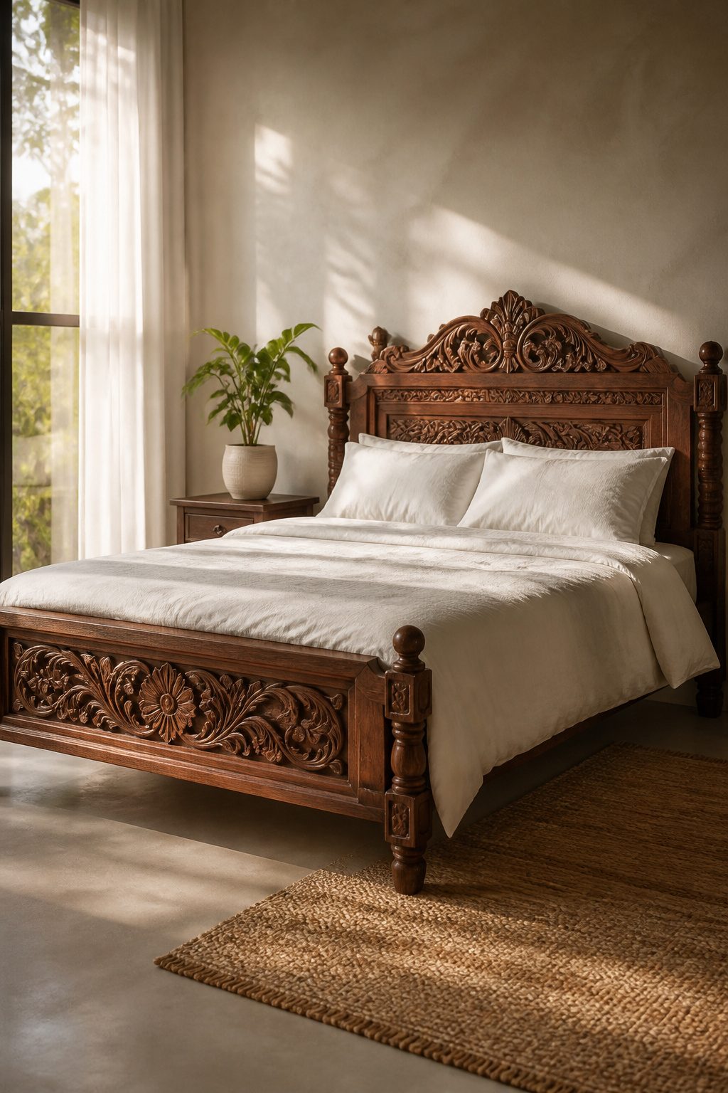 A handcarved wooden bed with detailed headboard in a softly lit bedroom.