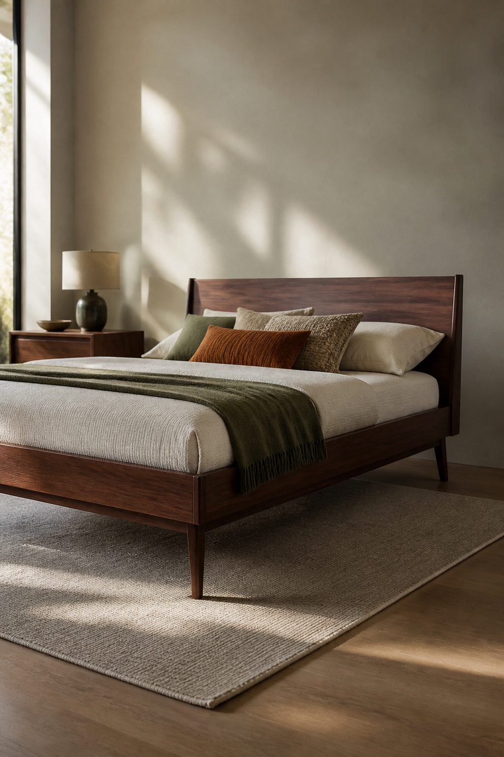 A mid-century modern wooden bed with tapered legs and low headboard.