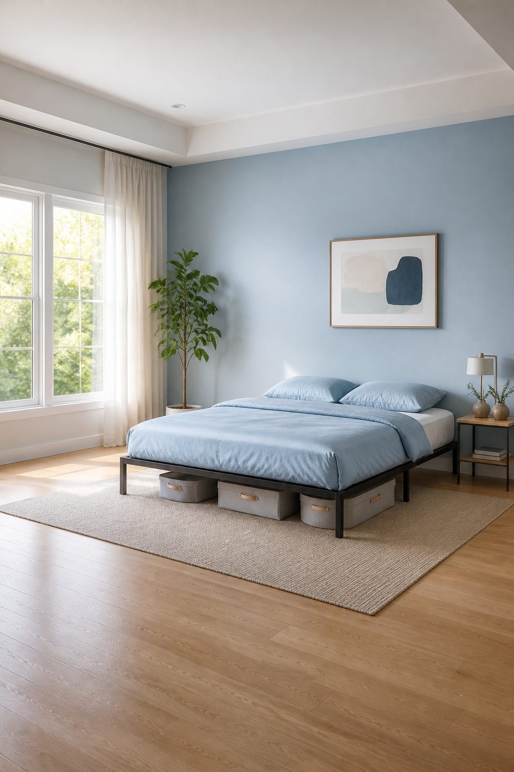 A low-profile wooden platform bed with solid pine slats and a steel frame.