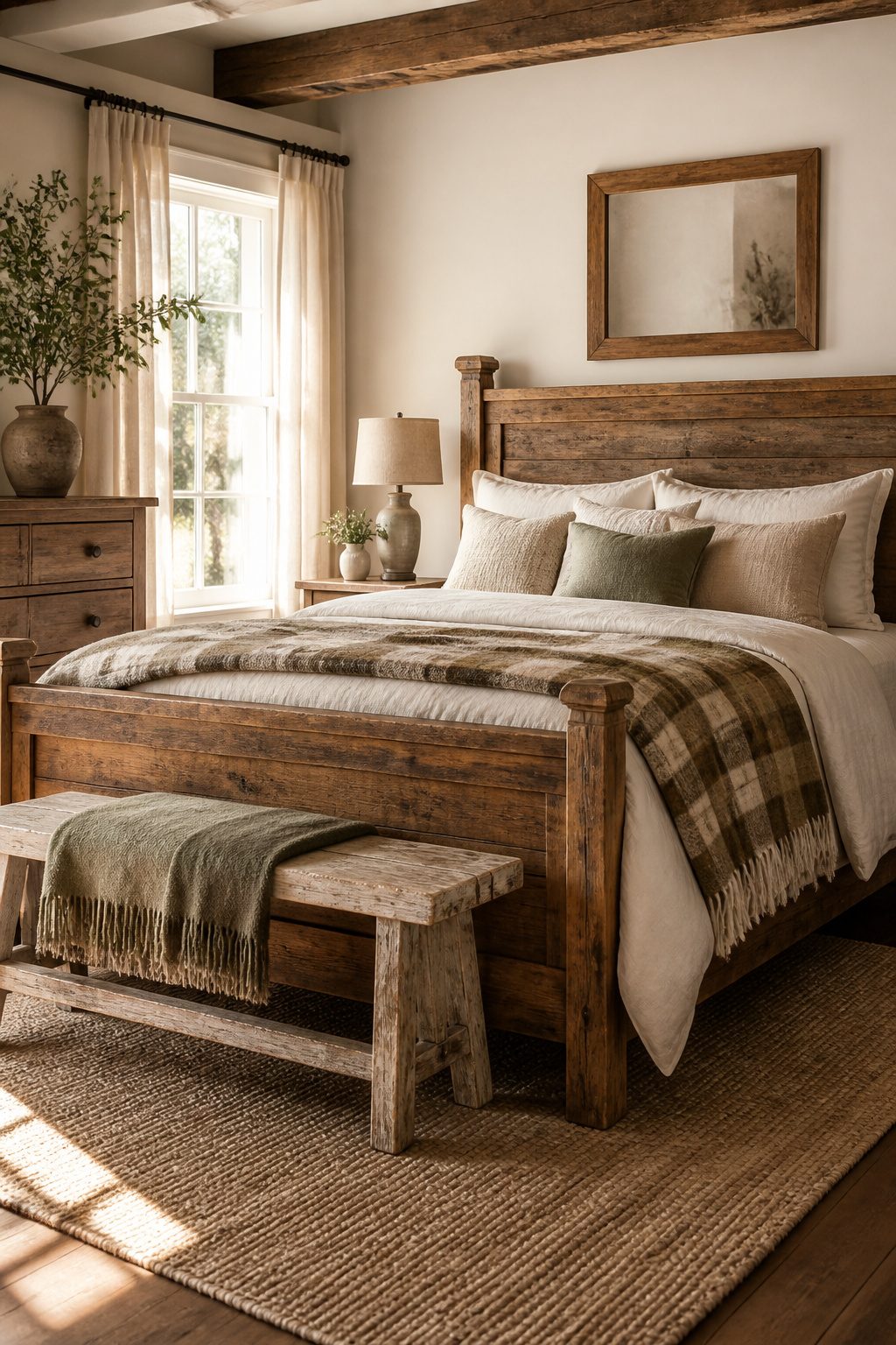 A rustic farmhouse bed made from solid pine with various finishes.