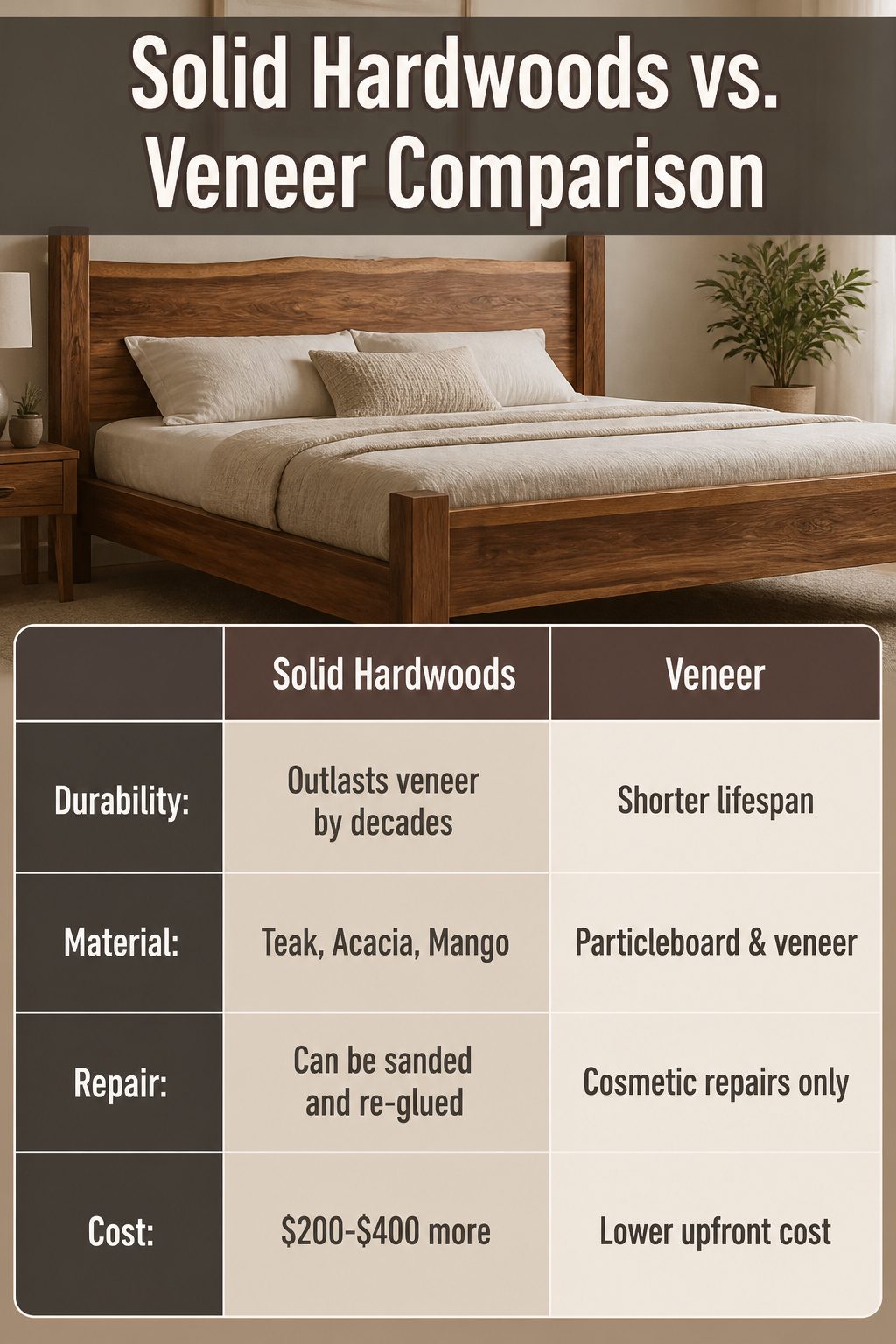 A comparison of solid hardwood and veneer wooden bed frames.