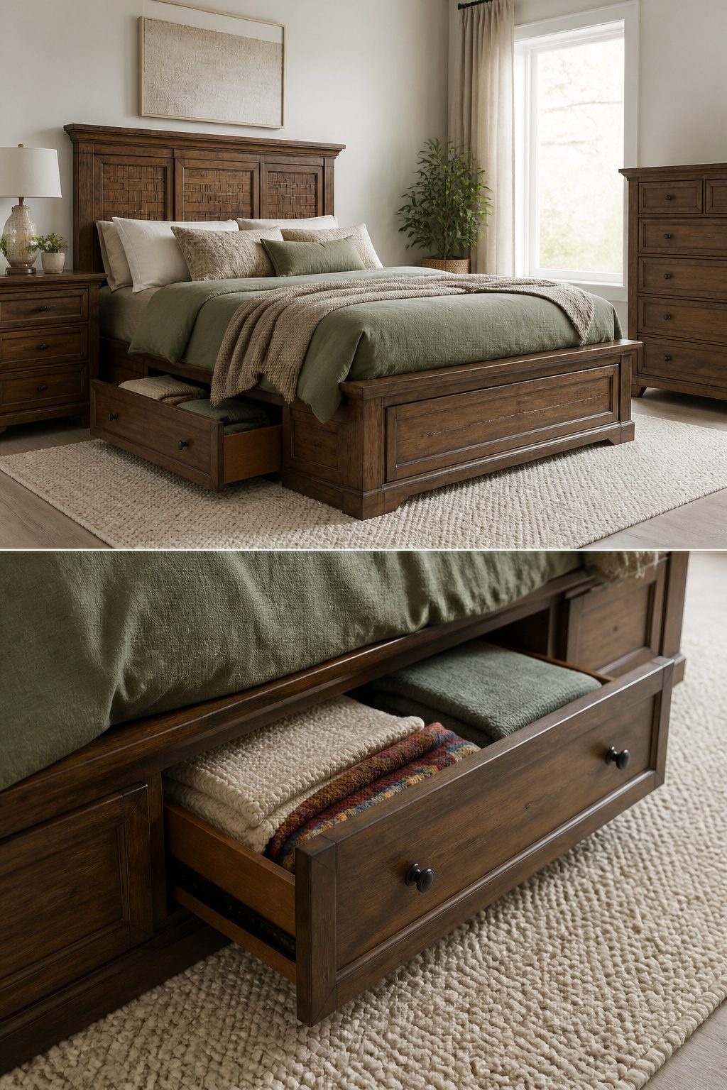 A wooden storage bed with drawers integrated into the base.